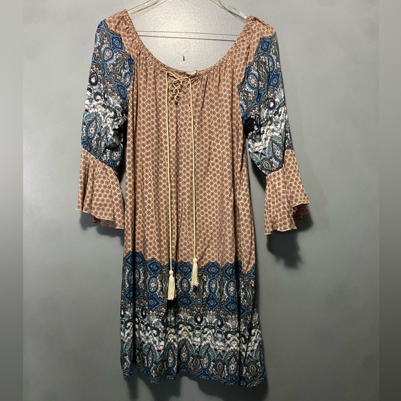 Umgee Dresses & Skirts - Umgee Bohemian Mini Dress size S multi bright colors in blue tan and orange